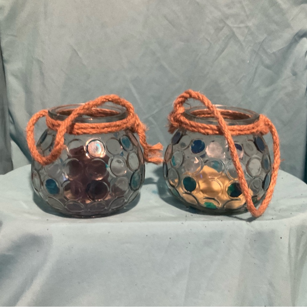 Glass Mosaic Tealight Holders with Rope Handle - Brown/Blue